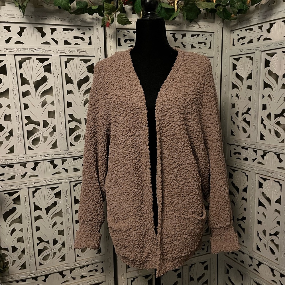 TECREW TERRIFIC LIGHT BROWN SHERPA STYLE LONG SLEEVE OPEN FRONT SWEATER CARDIGAN